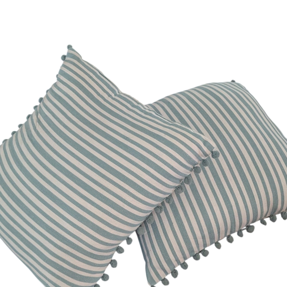 COTTAGE CORE 2 PIECE POM Striped Blue and White Throw Pillows